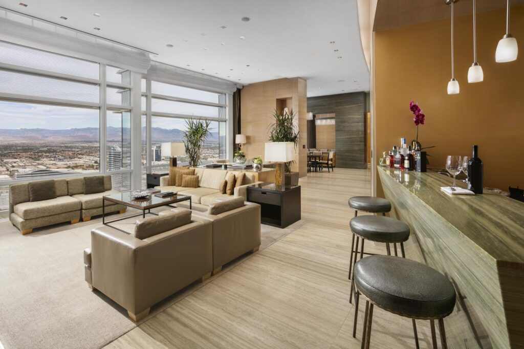 Aria Sky Villa Modern design living room with an open view of the Las Vegas Vally
